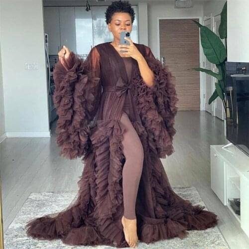 Luxury Chocolate Maternity Gown Long Sleeves Ruffles Wedding Sleepwear Bathrobes Nightgowns Robes Women Dress Kimono Tiers