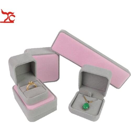Pink with Grey Velvet Pendant Necklace Earrings Bracelet Jewelry Package Case Wedding Ring Jewelry Organizer Storage Gift Box