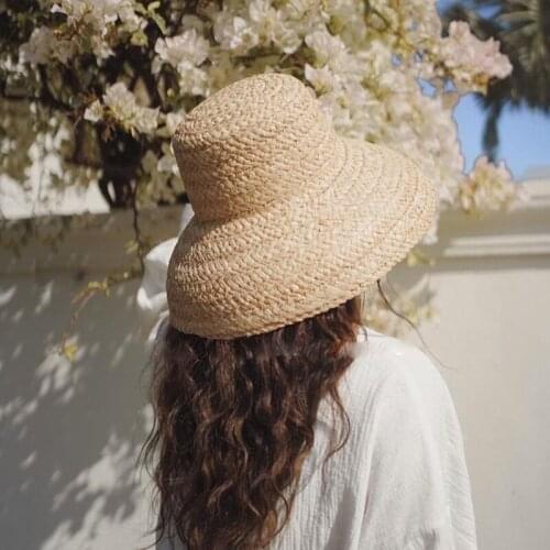 New Summer Hats For Women Custom Retro Flat Hat Wide Brim Handmade Raffia Straw Hat Lady Outdoor Sun Protection Beach Luxury Hat