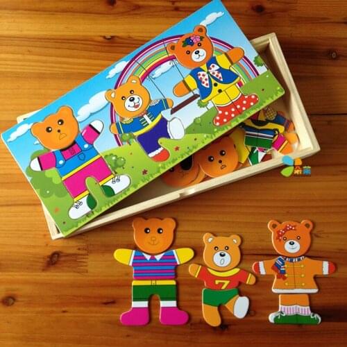 Changing Clothes Wooden Toy Three Little Bears Dressing Children Educational Toys With Wooden Box