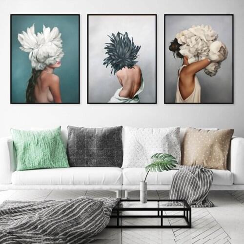 Modern Abstract Posters and Prints Flowers Feather Women Portrait Oil Painting Canvas Wall Art Pictures for Living Room Decor