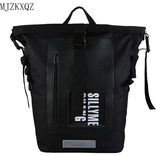 MJZKXQZ Black Large Capacity Backpack Men Travel Bag Streetwear Hip Hop Boys Fashion Roll Top Mochila For School Teenagers Girl