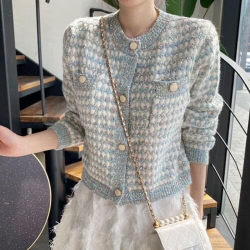 High Quality Women Shinny Tweed Jacket Coat Vintage Long Sleeve Frayed Trim Sweater Cardigan Chic Top
