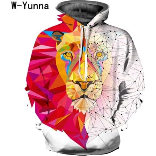 W-Yunna Colorful Lion Print Pullover Hoodies Punk Loose Casual Pocketed Drawstring Sweatshirt Top Sportwewar Sudaderas Mujer
