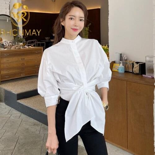 New Sunmer Womens Shirts Stand 3/4 Sleeve Tunic Bowknot Bandage Oversized Loose Blouses Female Ladies Fashion 2021 Clothes
