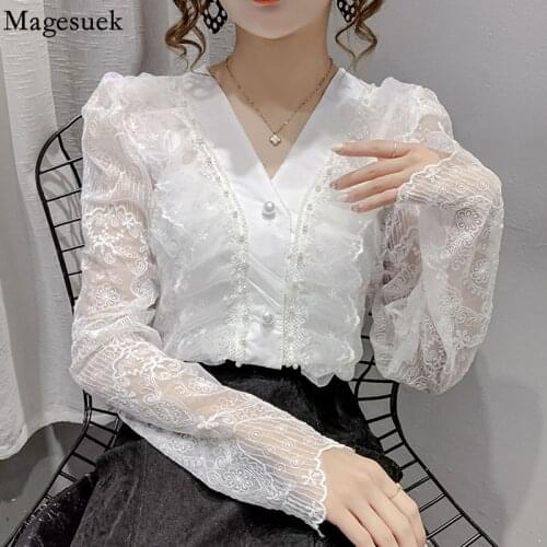 Sweet Flower Crochet Elegant Womens Shirt Long Sleeve Autumn V Neck Blouse Women Lace Ruffle Stitching White Tops Blusas 15998