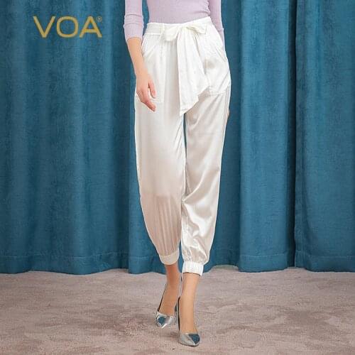 VOA White Silk Harem Pants Mid Waist Belt Lace Up Cropped Trousers Women High Waist K5885 Streetwear Women Pants Free Shipping