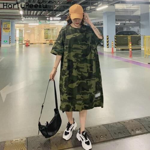 Camouflage Plus Size Loose Dress Women Long T Shirt Summer Dresses 2020 for 100kg Girls Korean Half Sleeve Irregular Cotton Tees