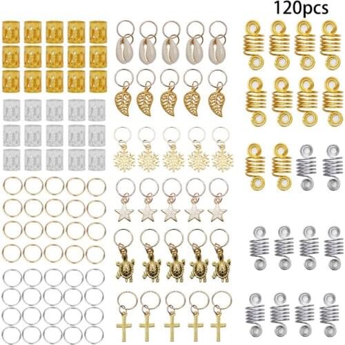 120Pcs Hair Braid Rings Metal Cuffs Dreadlocks Beads Shell Leaves Star Cross Tortoise Decorations Pendants Charms Accessories