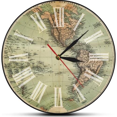 World Map Printed Wall Clock 1860 Antique Western Hemisphere Green Old World Look The Americas Earth Globe Map Retro Wall Watch