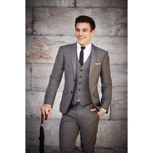 Newest Custom Made Ticket Pocket Groom Tuxedos Peak Lapel Mens Suit Gray Groomsman Wedding/Prom Suits(Jacket+Pants+Vest)