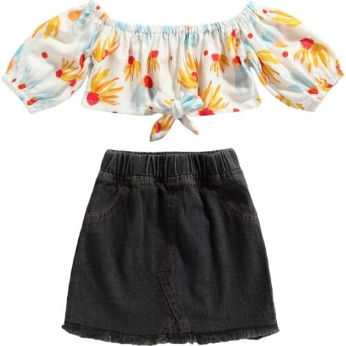 New 2 Pieces Kids Suit Set, Summer Flower Print Boat Neck Short Sleeve Tops+ Solid Color Denim Skirt, 2-7 Years