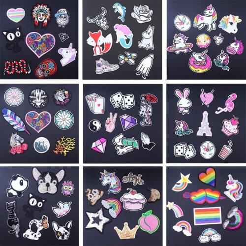 Pulaqi 9pcs/lot Letter Rainbow Heart Unicorn Patch Iron On Cartoon Patches Set Cute Cheap Embroidered Patches For Kids Clothes