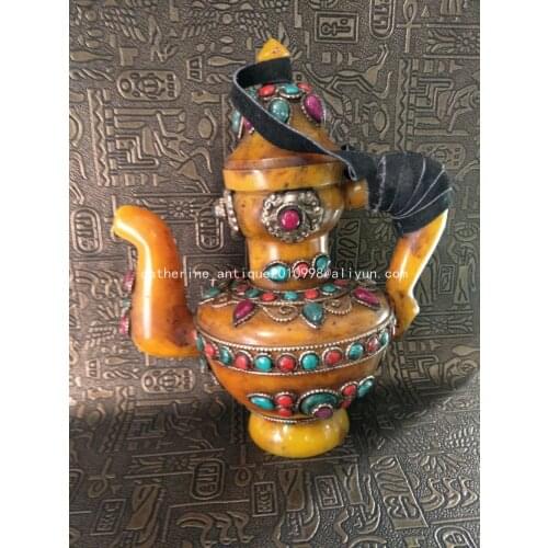 Rare Old Tibet Beeswax & Gem & Silver teapot statue /sculpture,best collection&adornment,free shipping