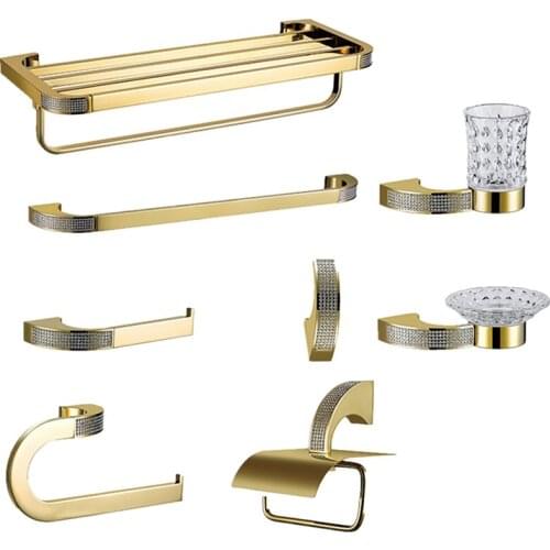 Luxury Brass Gold Bathroom Accessories Set Toothbrush Holder Metal Soap Dish Polished with Crystal Bathroom Hardware Set
