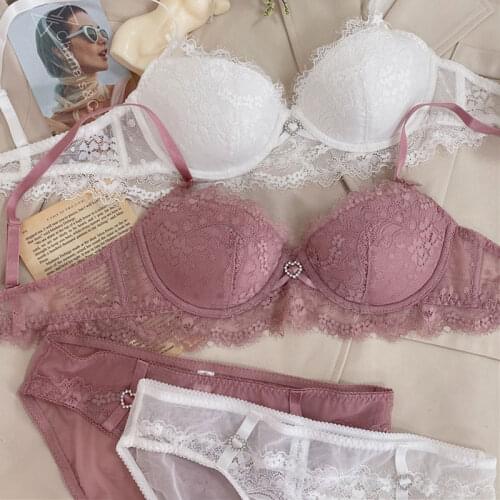 Wriufred Sexy lingerie set plus size with thin steel ring gathered bra with panties suit girl lace deep v ladies bralette