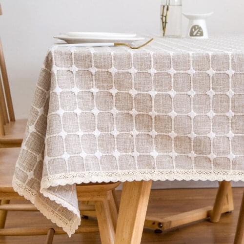 Modern Cotton Linen Tablecloth Embroidered Plaid Striped Rectangular Dining Table Cloth Tassel Hem Tea Table for Christmas Party