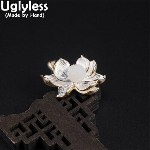 Uglyless Eastern Beauty Blooming Lotus Flowers Pins for Women Natural Jade Brooches Elegant Men Brooches 925 Silver Floral jewel