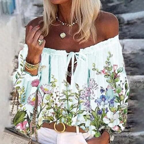 Vintage Off Shoulder Blouse Womens Flora Printed Lace-up Plus Size Tee Top Long Sleeve Casual Beach Blouse Блузка Женская