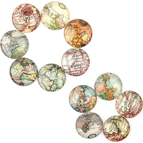 Xinyao 20pcs 10pcs 12mm 14mm 18mm 20mm 25mm Ancient World Earth Map Pattern Mixed Glass Round Cabochon for DIY Jewelry Finding