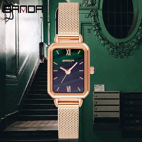 Sanda Women Watches Small Rectangular Green Dial Ladies Elegant Watches 2020 leather Strap Clock Fashion & Casual Wrist Watch