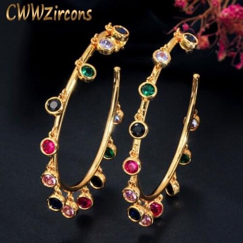 CWWZircons Boho Style Dangling Drop Round Punk Rainbow Cubic Zirconia Charm Yellow Gold Big Circle Hoop Earrings for Women CZ609