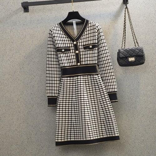 New Arrival Autumn Winter Womens Plaid Knitting High Waist Elegant Fashion Sweater Dress V Neck Mini Casual Dresses Vestido