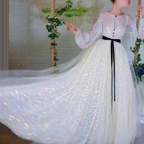 Long Sleeves Shiny Evening Dresses Middle East 2021 Custom Prom Dress Robe De Soiree Arabic Glitter Formal Party Dress