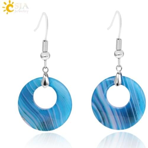 CSJA 19 Colors Ethnic Natural Onyx Crystal Stone Women Jewelry Earrings Hollow Round Tiger Eye Drop Pendant Dangle Earring E499