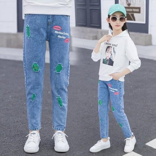 Kids Fashion Pants For Teenagers Girls Denim Pencil Pants With Ripped Hole Skinny Pink Green Color Print Slim Trousers 4-14Years