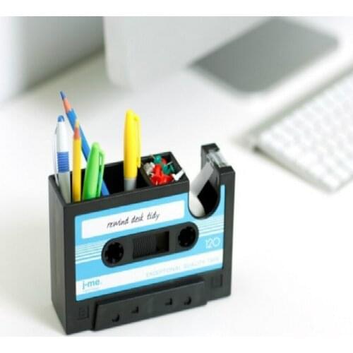 Cassette Tape Dispenser Pen Holder Desk Tidy Container with Adhesive Tape Office Home Pencil Pot Stationery Storage Container