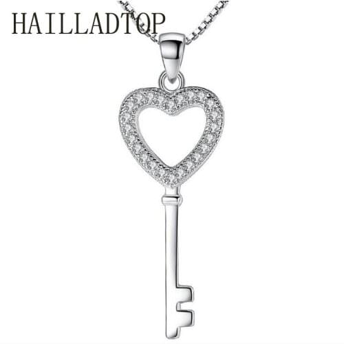 Beautiful Heart Key Long Necklace Silver Luxury Jewelry Crystal Choker Pendant Ladies Wedding Jewelry Cubic Zirconia Bijoux