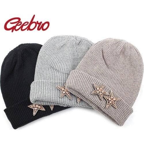 Geebro Stars Rhinestone Accessorie Adult Cotton Beanie Hat Woman Outdoor Warm Solid Color Cap Beanies