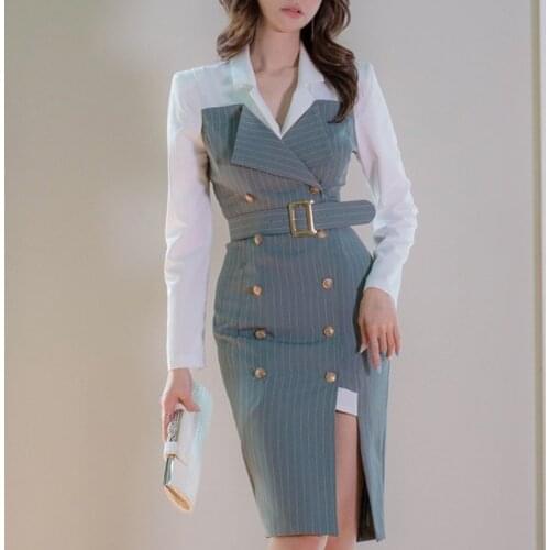 ZAWFL Korean Stripe Suit Dress Women Autumn French Elegant Notched Collar Double Breasted Thin Belt Houndstooth Suit Dress Woman