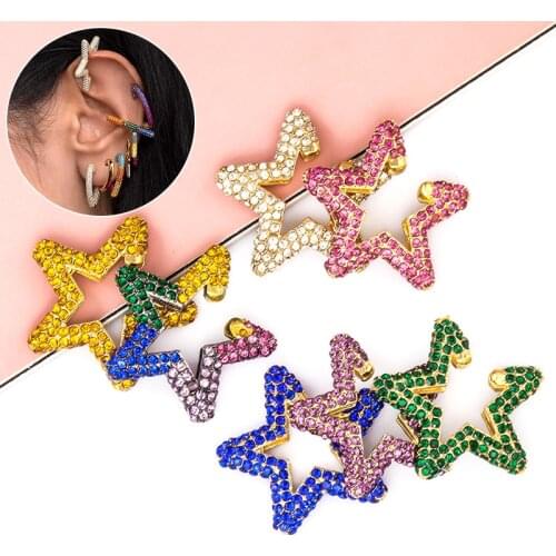 Colorful Rainbow Star Crystal Earcuffs Earrings Rhinestone Romantic Heart Boho Ear Clips Women Jewelry Gifts Dress Accessories