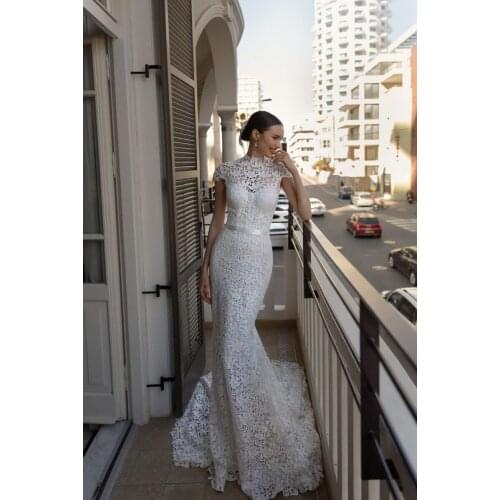 Full Lace White Mermaid Wedding Dresses Short Sleeve High Neck Elegant Bridal Gowns Custom Made