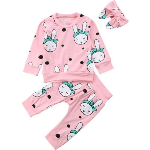 Cute Baby Girl Clothes Rabbit Printed Long Sleeve T-shirt Top+Pants Trousers Headband 3Pcs Outfit Set Tracksuit
