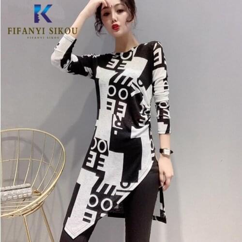 Fashion Print T-shirt Women Spring Long sleeve T shirt Irregular O-Neck Tees Casual Tops Ladies Elegant Loose Plus size Tshirt