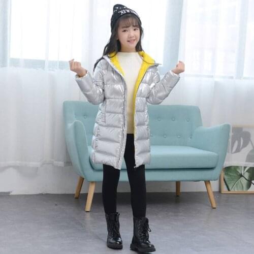 Fashion Girls Clothing Winter Down Parkas For 4 5 6 7 8 9 10 12 13 Year Girls Hooded Thick Silver Color Children Jackets Coats