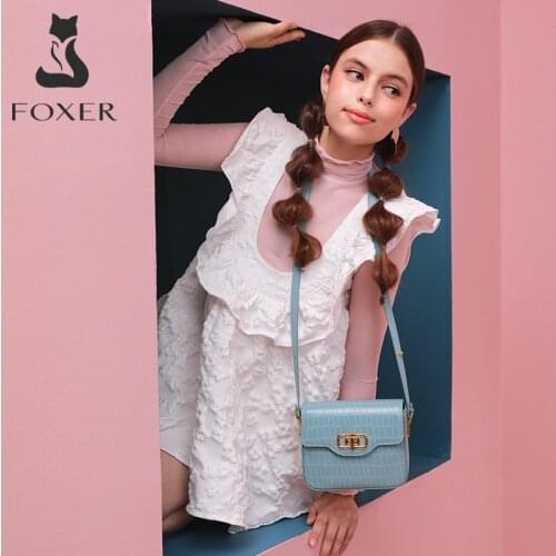 FOXER 2021 Fashion Ladies Split Leather Shoulder Bag Luxury Simple Messenger Bag Casual Crocodile Pattern Small Square Bag Girl