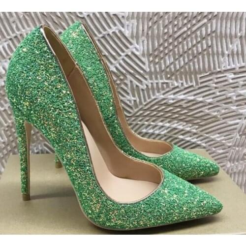 Moraima Snc Newest Green Glitter Embellished High Heel Shoes Sexy Pointed Toe Stiletto Heels 12/10cm Women Pumps Dress Shoes
