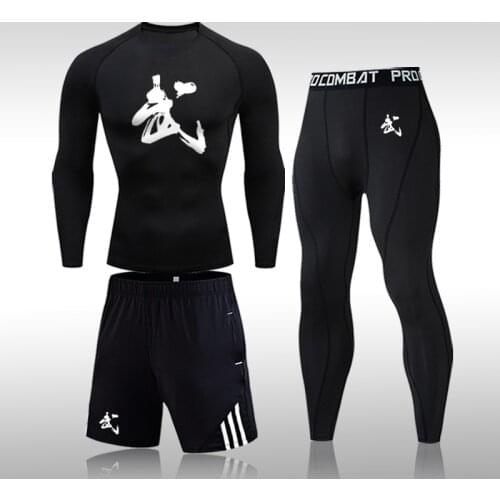 Mens 3-Pcs Sports Suit Chinese Style "Wu" Tight-Fitting Sportswear Running Gym Training Rashguard Men Quick-Drying Compression