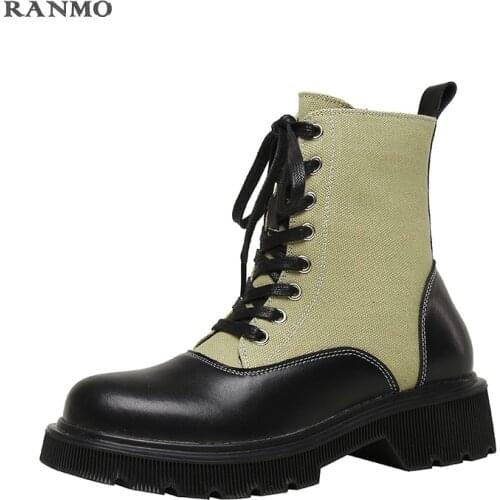 2021 Autumn and Winter Lace-up Round Toe Ladies Short Boots Motorcycle Martin Boots Winter Warm Thick-soled Boots Handmade