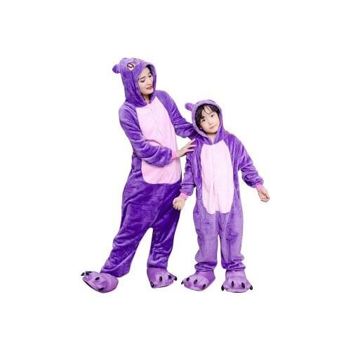 Haiwan Adult Pajamas Women Purple Cat Cartoon Sleepwear Flannel Romper