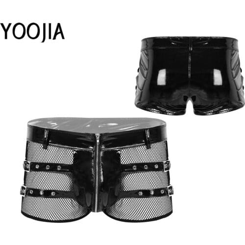 Sexy Fishnet Spliced Underwear Mens Erotic Lingerie Patent Leather Boxer Briefs Shorts Underwear Low Rise Underpants Clubwear