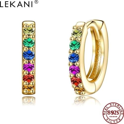 LEKANI Authentic 925 Sterling Silver Earrings For Women Dazzling Crystal Rainbow Hoops Earrings Wedding Engagement Fine Jewelry