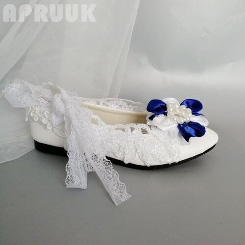 Blue white flower flats shoes woman handmade plus size 41 42 bridal bridesmaid party wedding lace-up straps flats shoes womens