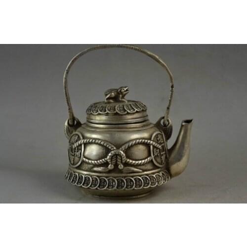 Old Handwork Miao Silver Carving C0in & Frog Lid Wealth Good Lucky Tea Pot