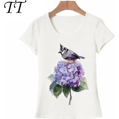 New Summer Women t-shirt Blue Hydrangea and Bird Watercolor Art T-Shirt maiden Casual Tops female novelty Tee Cute girl T Shirts