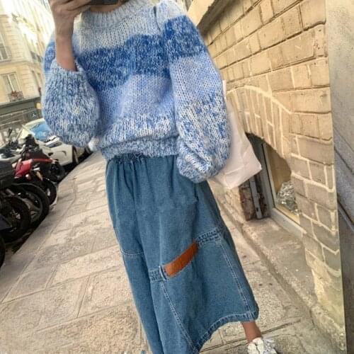 ElfStyle Female Mohair & Wool Contrast Blue Gradient Knitted Sweater Top With Puff Sleeve - Autumn Winter 2020 Jumper Pullover